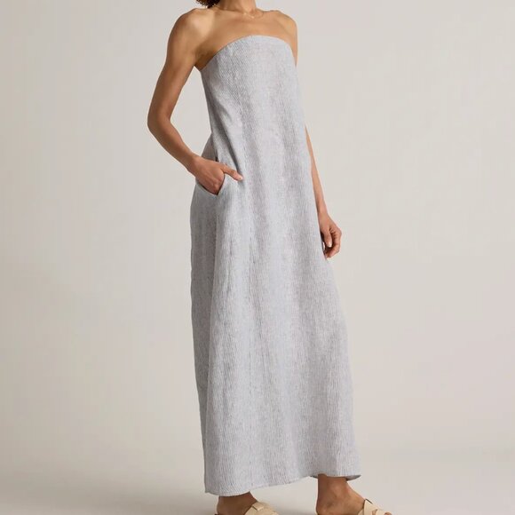 (Quince) 100% European Linen Strapless Maxi Dress - Blue Pinstripe - Picture 4 of 11